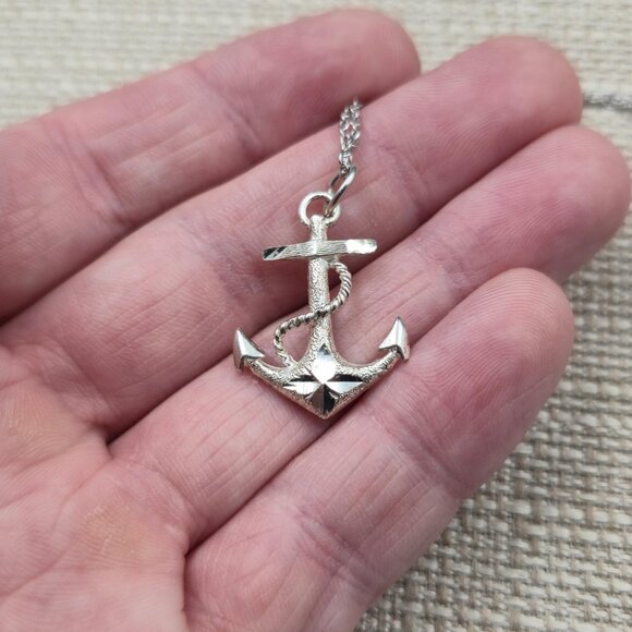 16 Inch Sterling Silver Diamond Cut Anchor Pendant Necklace A6292 - Picture 3 of 7